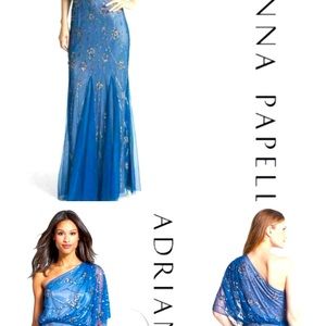 Gorgeous Adrianna Papell blue beaded one shoulder gown